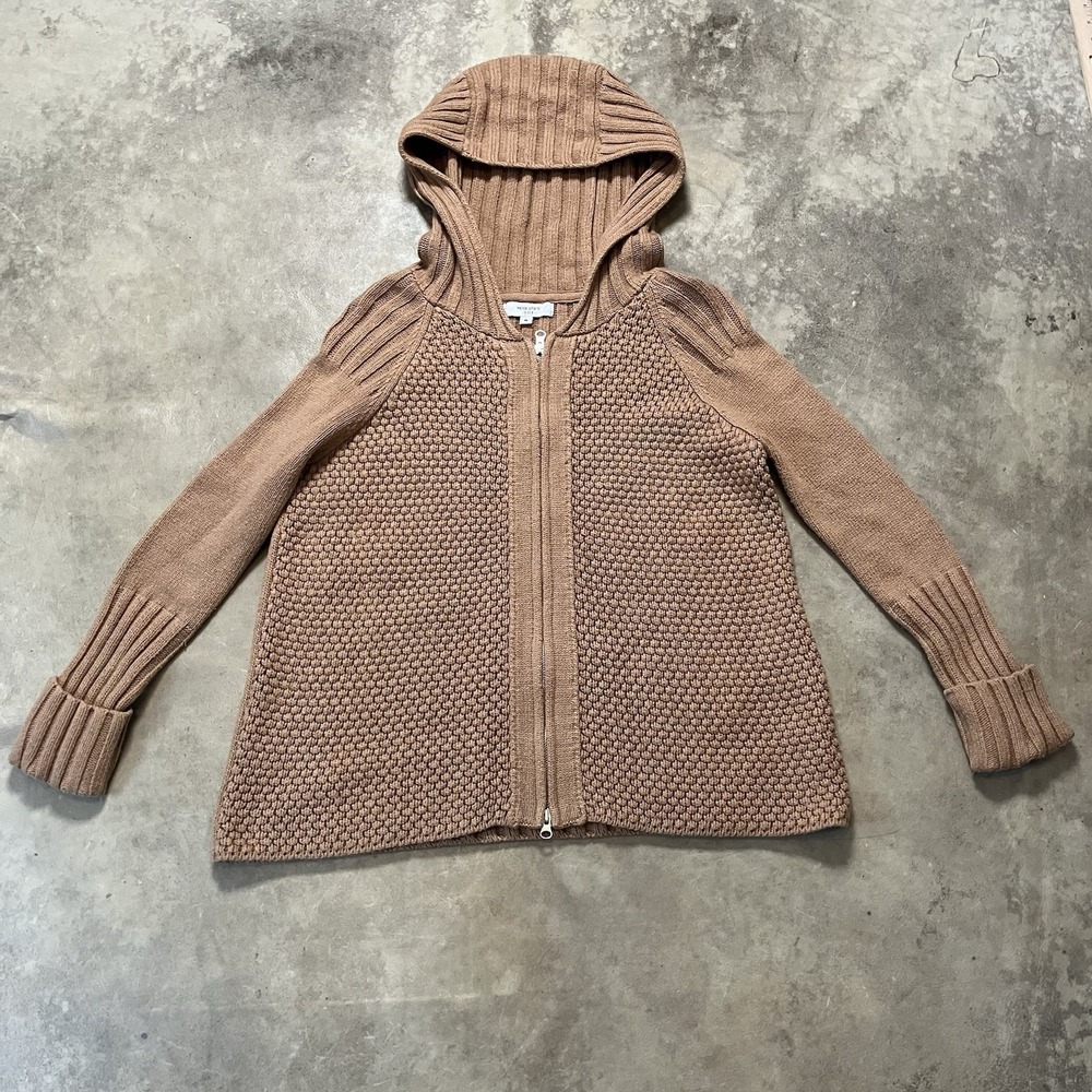Victor Alfaro Womens Size M Brown Wool Blend Chunky Knit Zip Hooded Cardigan